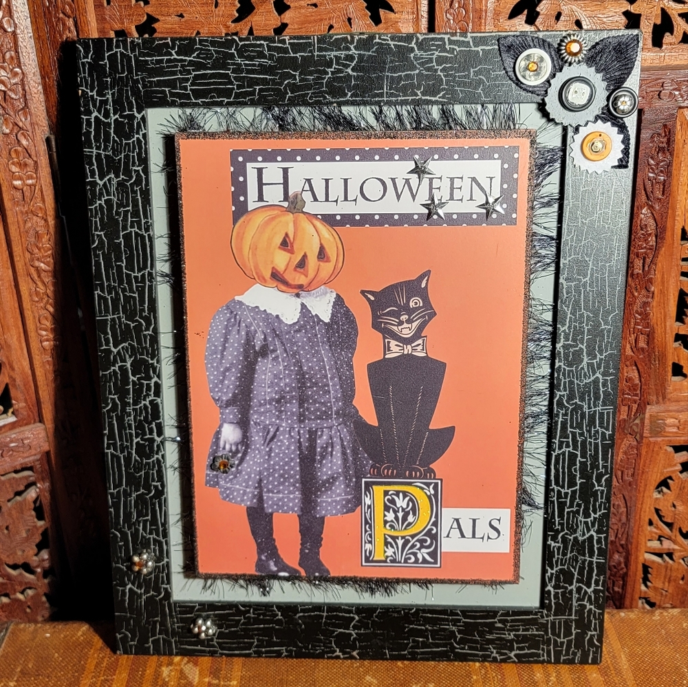Vintage Style Halloween Pals Picture Black Cat and Pumpkin